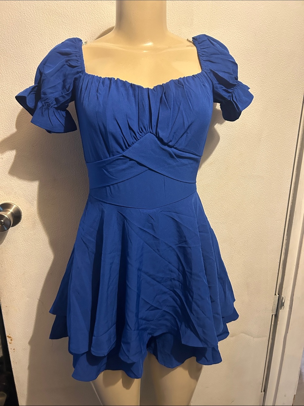 Royal Blue Square-Neck Puff Sleeve Mini Dress